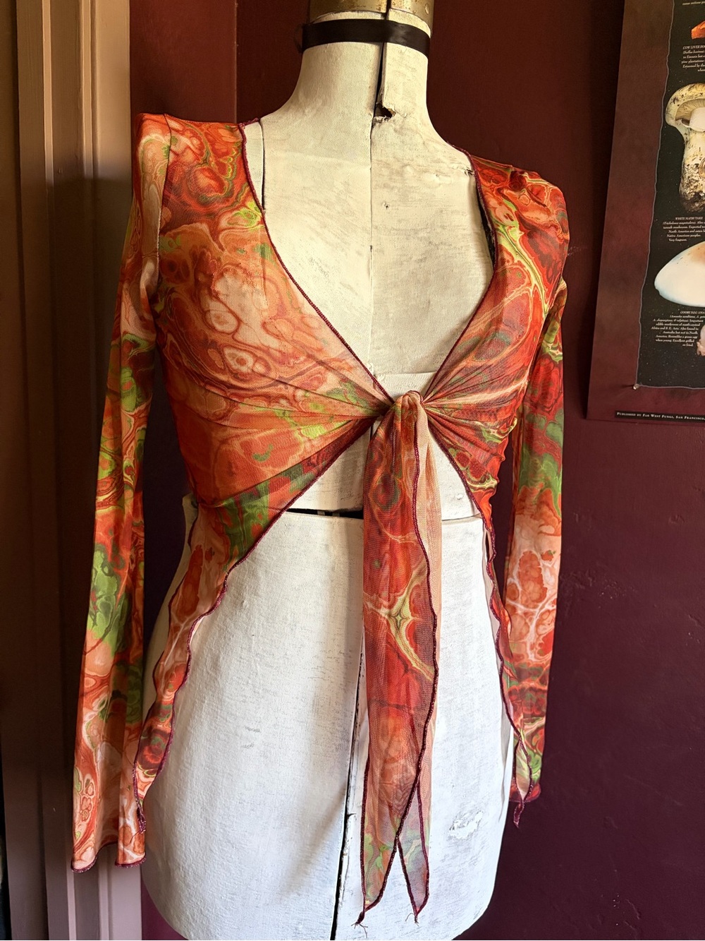 Sheer Tie-Front Mesh Crop Top in Orange and Green Marble